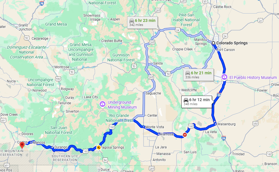 Colorado Springs to Mesa Verde trip map