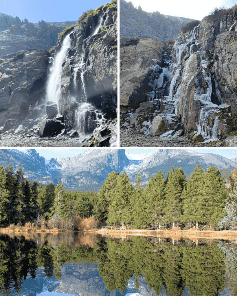 Timberline Falls above and Sky Pond below, both can be done on a gruelling hike